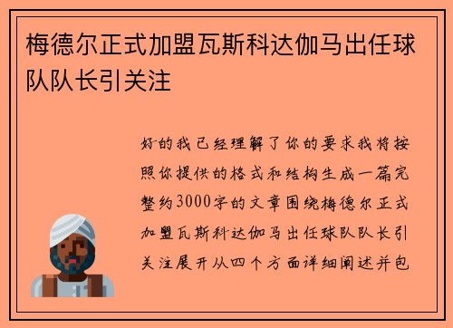 梅德尔正式加盟瓦斯科达伽马出任球队队长引关注