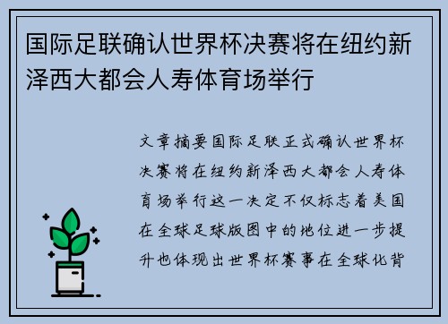 国际足联确认世界杯决赛将在纽约新泽西大都会人寿体育场举行