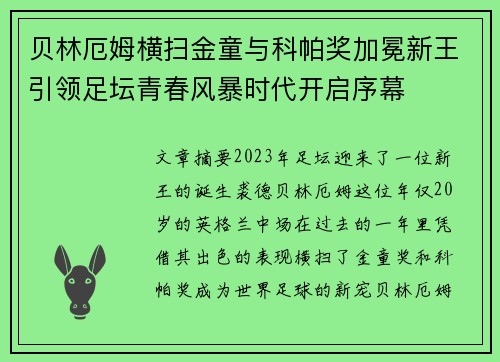 贝林厄姆横扫金童与科帕奖加冕新王引领足坛青春风暴时代开启序幕